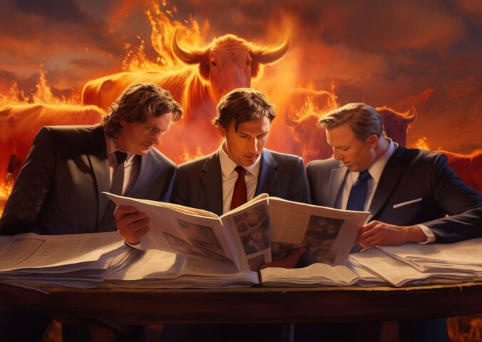 AI-generated image representing three meat lobby bosses in suits discussing plans to present meat as sustainable while the world burns in the background