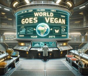 An AI-generated image depicting a scientist next to a screen with the words "World Goes Vegan