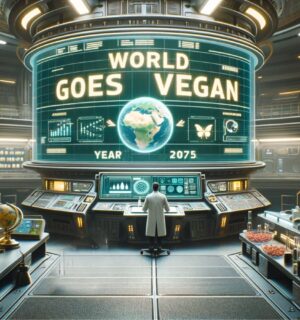 An AI-generated image depicting a scientist next to a screen with the words "World Goes Vegan