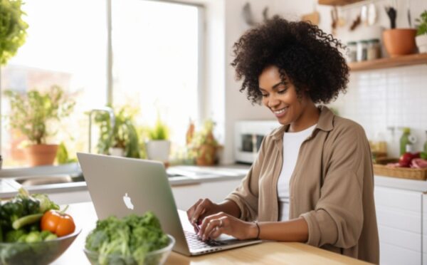 An AI-generated image of a woman cooking vegan food by her laptop in the kitchen