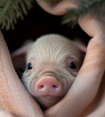 AI-generated piglet coddled by a pink blanket