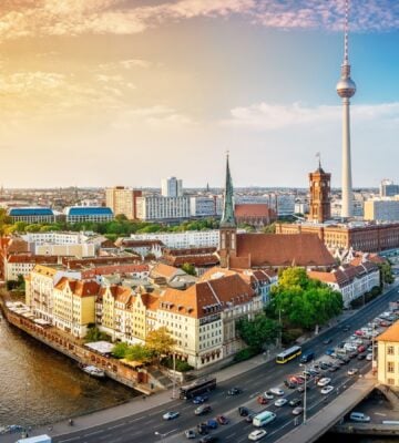 A wide shot of Berlin, capital of Germany, where the government is investing in a plant-based future