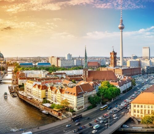 A wide shot of Berlin, capital of Germany, where the government is investing in a plant-based future