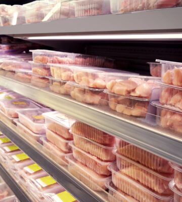 Photo of packaged raw meat products on supermarket shelves.