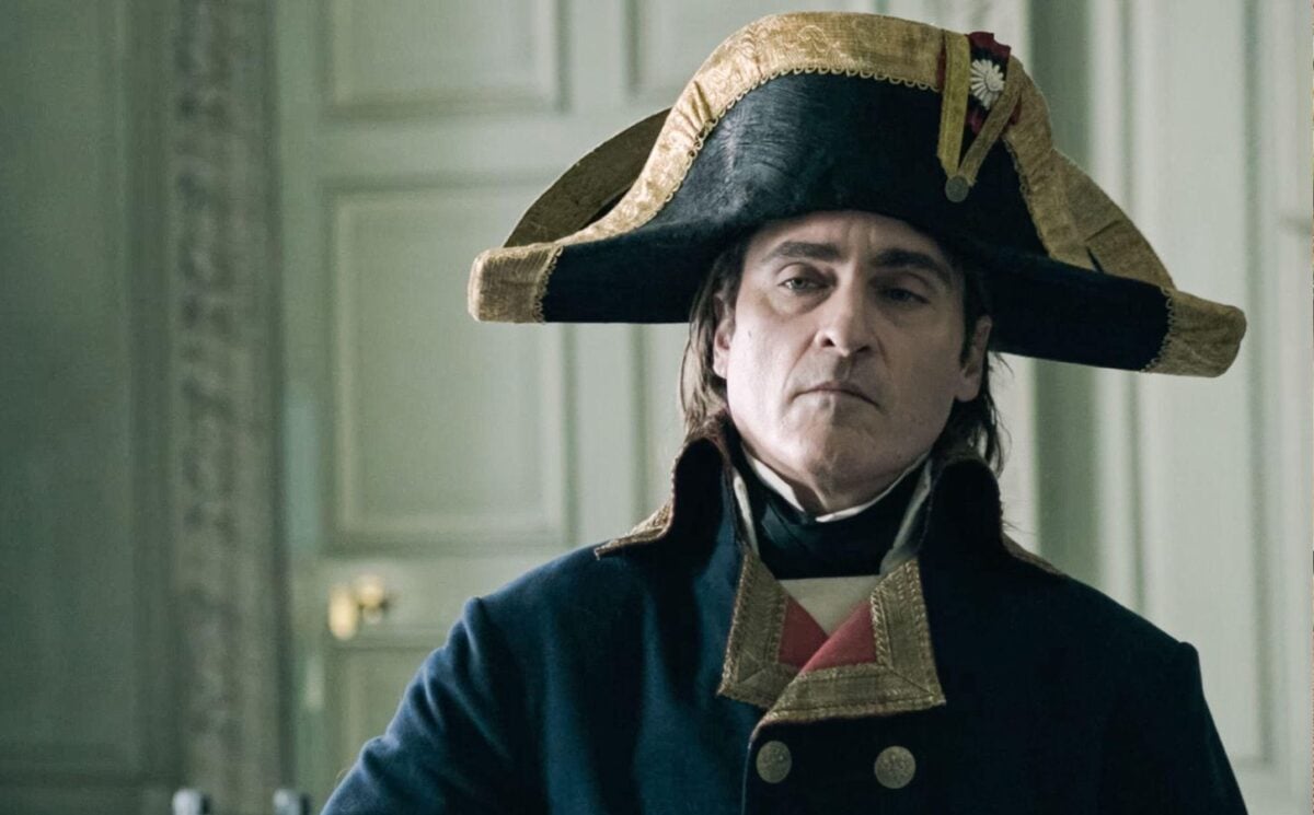 Vegan celebrity Joaquin Phoenix on the set of Napoleon wearing a plant-based hat