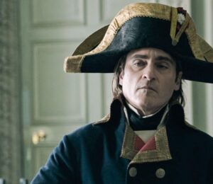 Vegan celebrity Joaquin Phoenix on the set of Napoleon wearing a plant-based hat