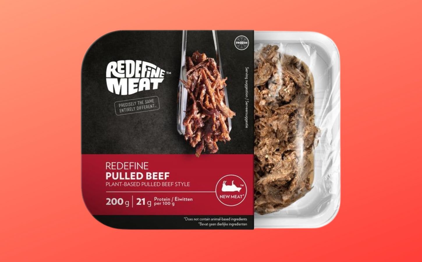 A packed of Redefine Meat vegan pork in front of a red background