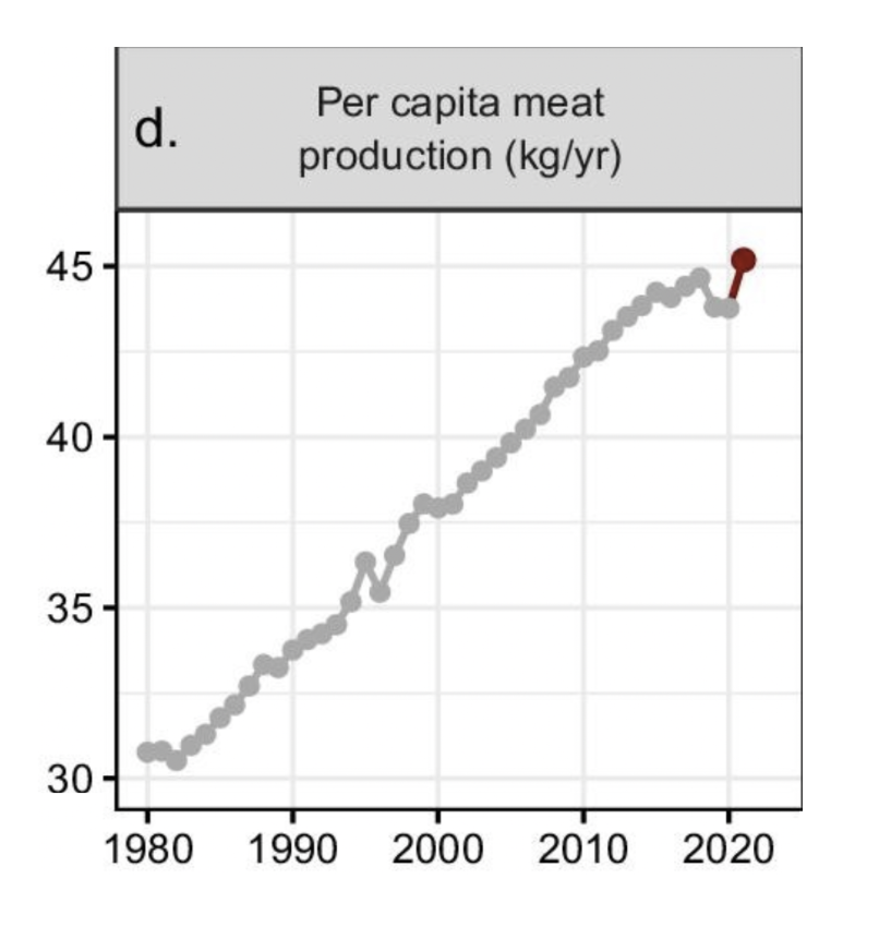 Graph showing per capita meat producution rising steadily since the 1980s