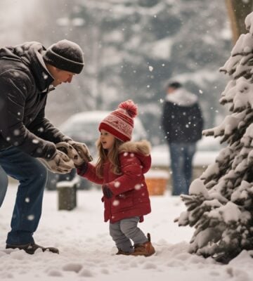 AI-generated photo of father and daughter having a sustainable Christmas and playing in the snow