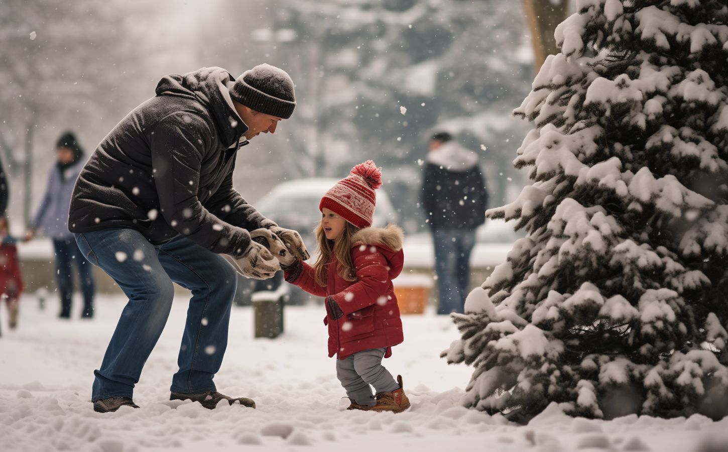 AI-generated photo of father and daughter having a sustainable Christmas and playing in the snow