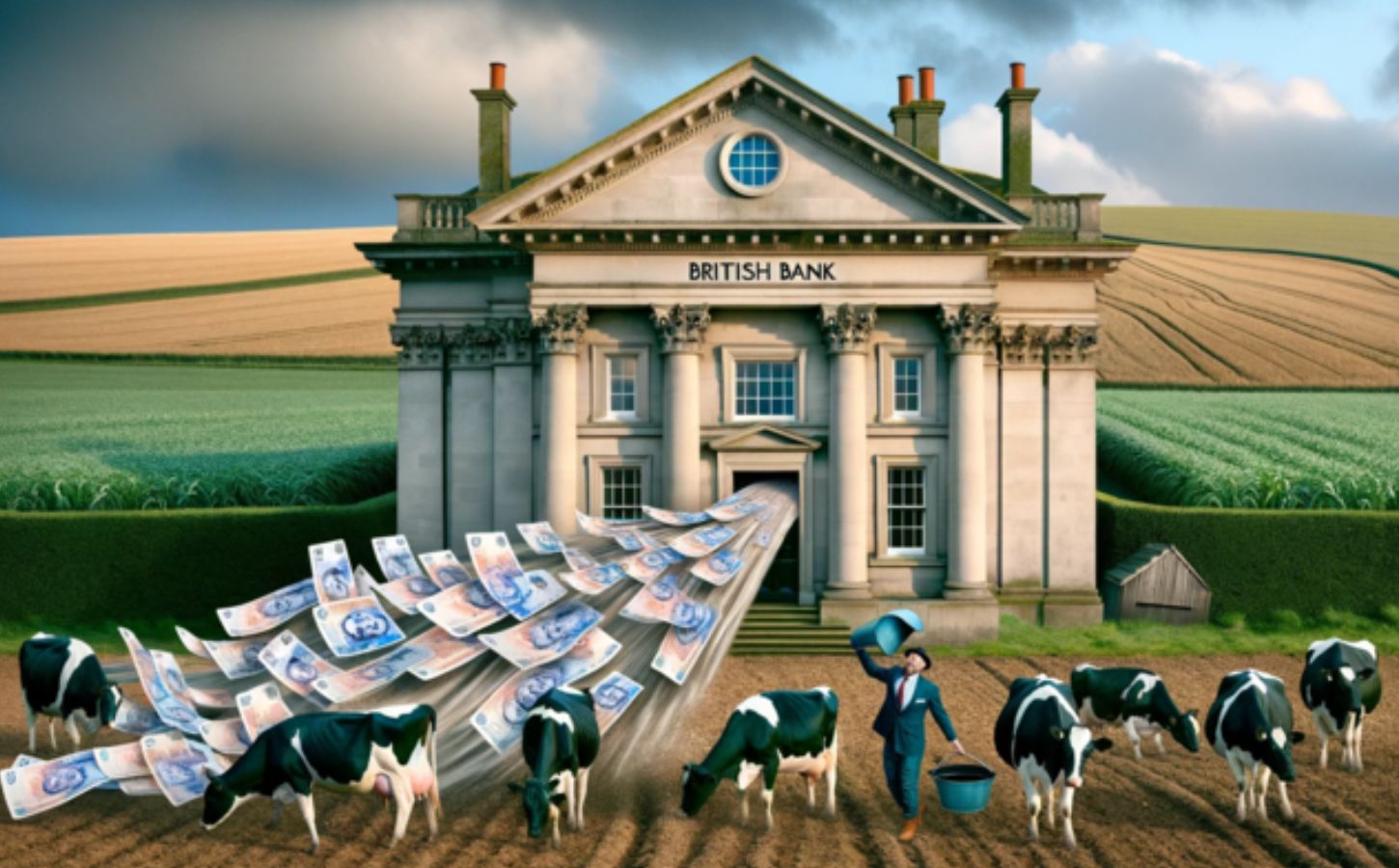 AI-generated image of a UK bank pouring money into the field of a livestock corporation