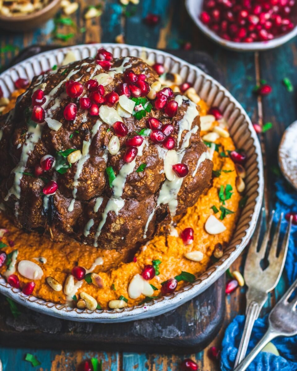 Photo shows a bowl containing a whole roasted cauliflower head with hummus and pomegranate seeds.