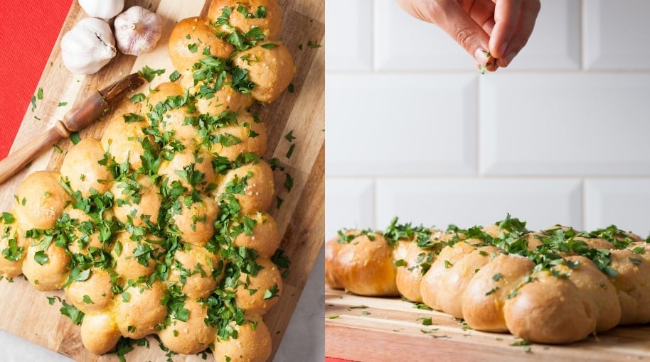 The image shows to side-by-side photos of a Christmas Tree shaped loaf of bread designed for tearing and sharing and decorated with green parsley.