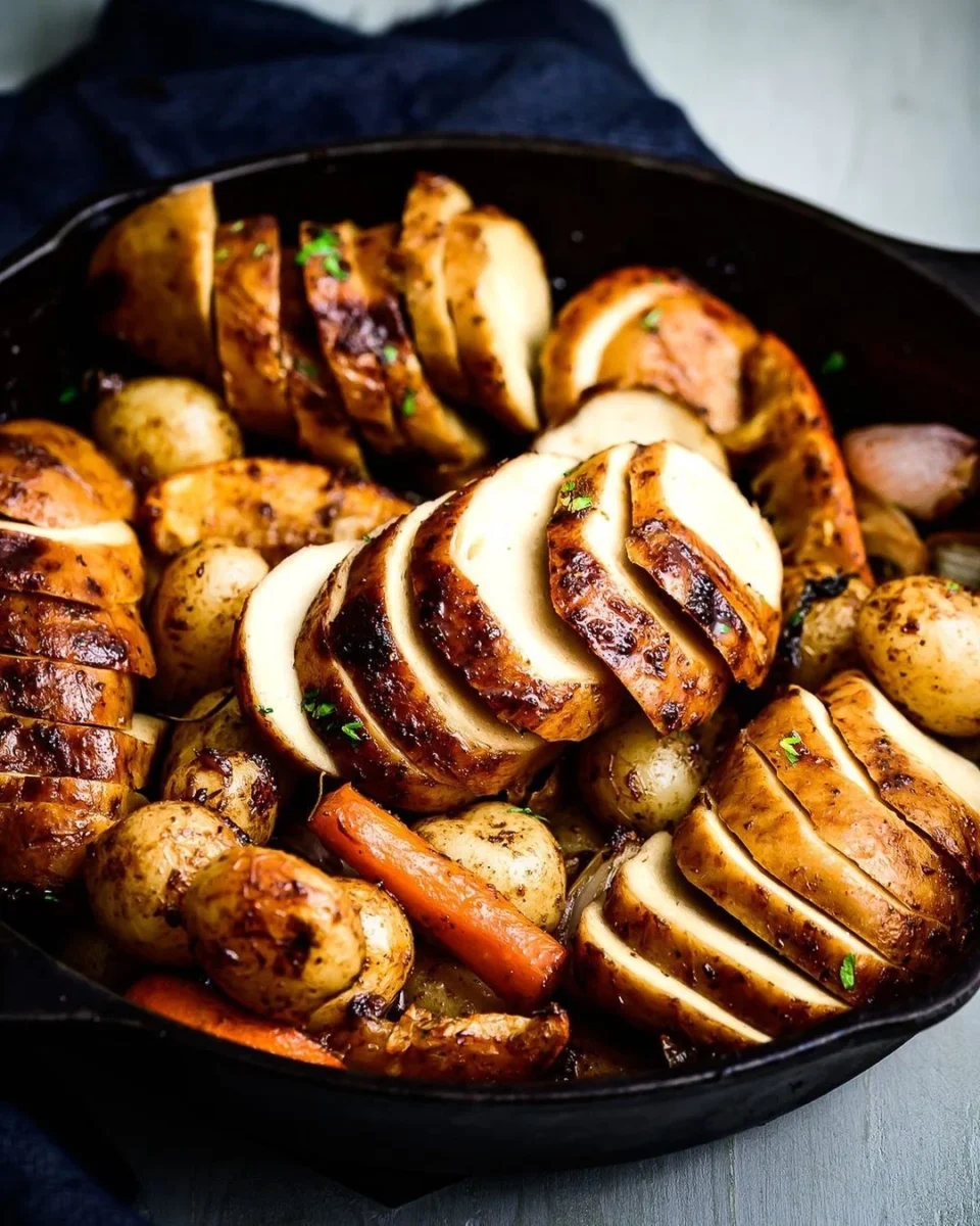 Photo shows a cast iron skillet full of roasted potatos, carrots, garlic, and carefully arranged vegan chicken.