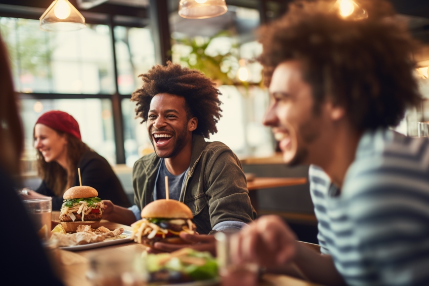 An AI-generated image of three friends eating vegan burgers