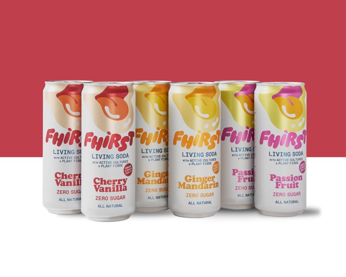 A line of cans of FHIRST, a living soda which has launched ahead of Veganuary 2024