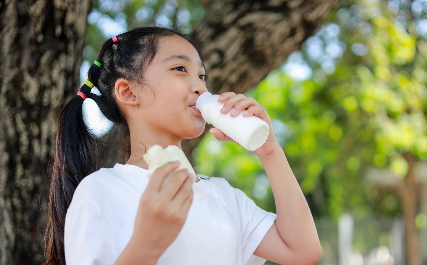 A girl drinking whole milk, which could return to US schools after a vote from the House of Representatives