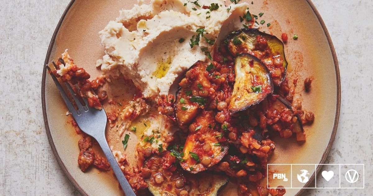 Beautifully Spiced Harissa Aubergine On Butter Bean Mash