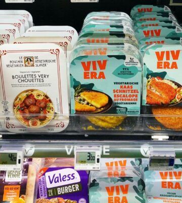 Vegan and vegetarian product on a shelf in a supermarket in Belgium