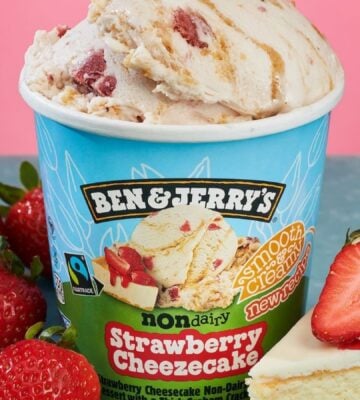 Close-up pf Ben & Jerry's new Strawberry Cheezecake ice cream