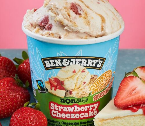 Close-up pf Ben & Jerry's new Strawberry Cheezecake ice cream