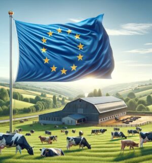EU flag above a field of cows, as scientists warn that funding for animal agriculture is too high