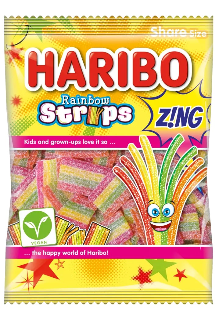 Photo shows a package of Haribo Rainbow Strips, one of the few options suitable for vegans.