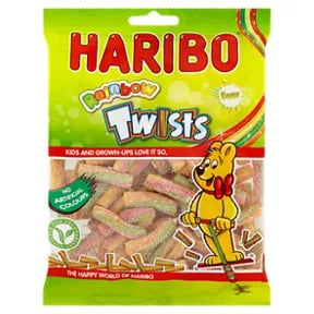 Photo shows a packet of Haribow Rainbow Twists, which are suitable for a vegan diet.