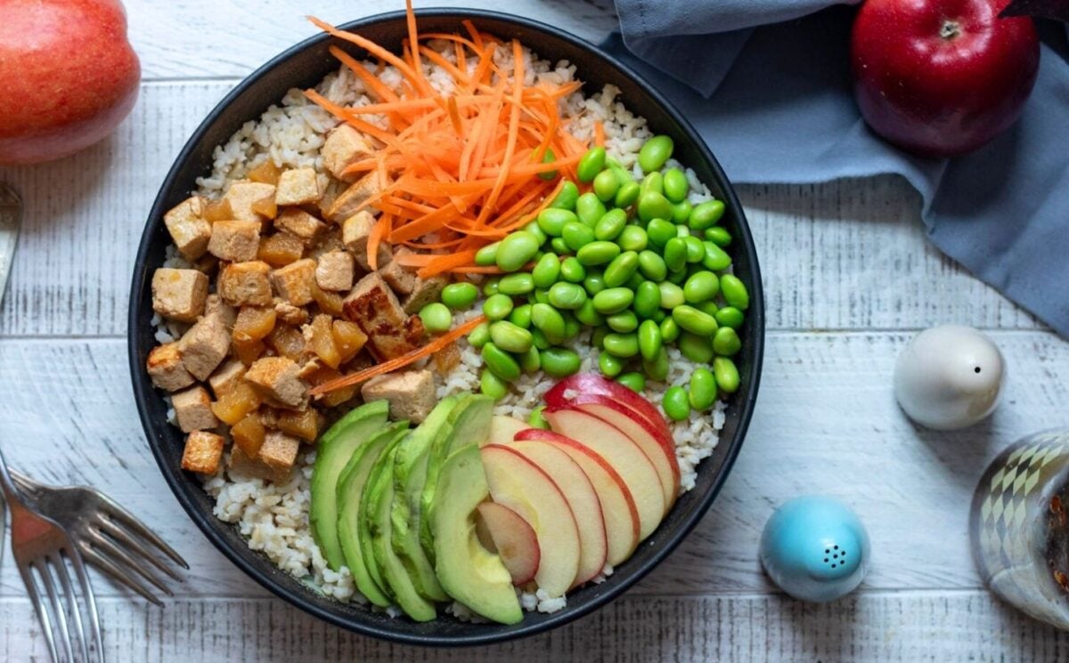 A vegan tofu and edamame bowl