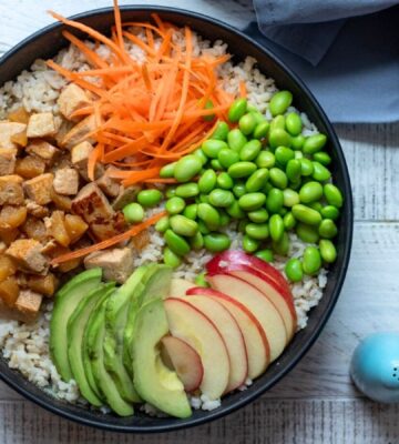 A vegan tofu and edamame bowl