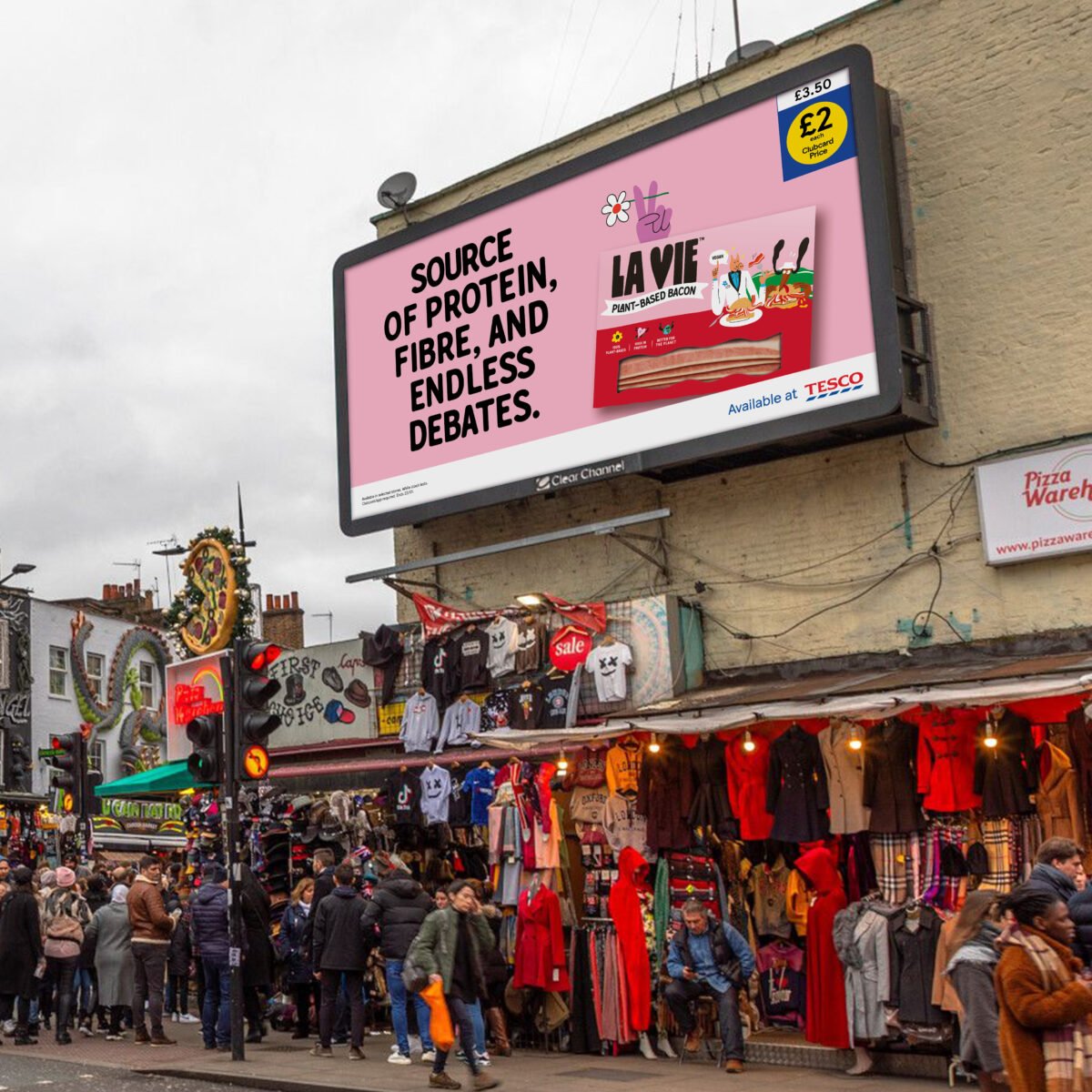 A La Vie billboard advertising the brand's plant-based bacon in Camden