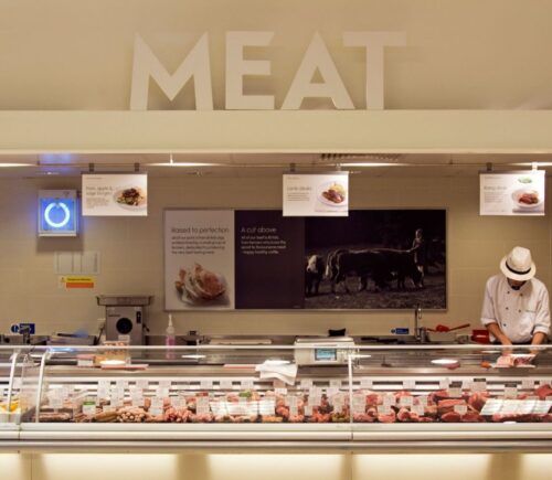 Meat counter in a supermarket, where new ads are targeting young consumers
