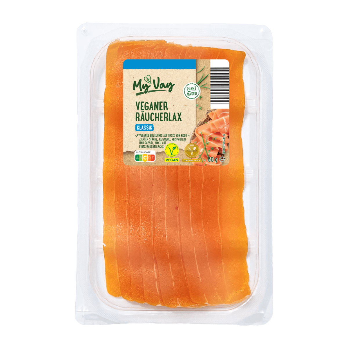 Image shows one of Aldi's new vegan MyVay products, the plant-based smoked salmon, on a pale grey background.