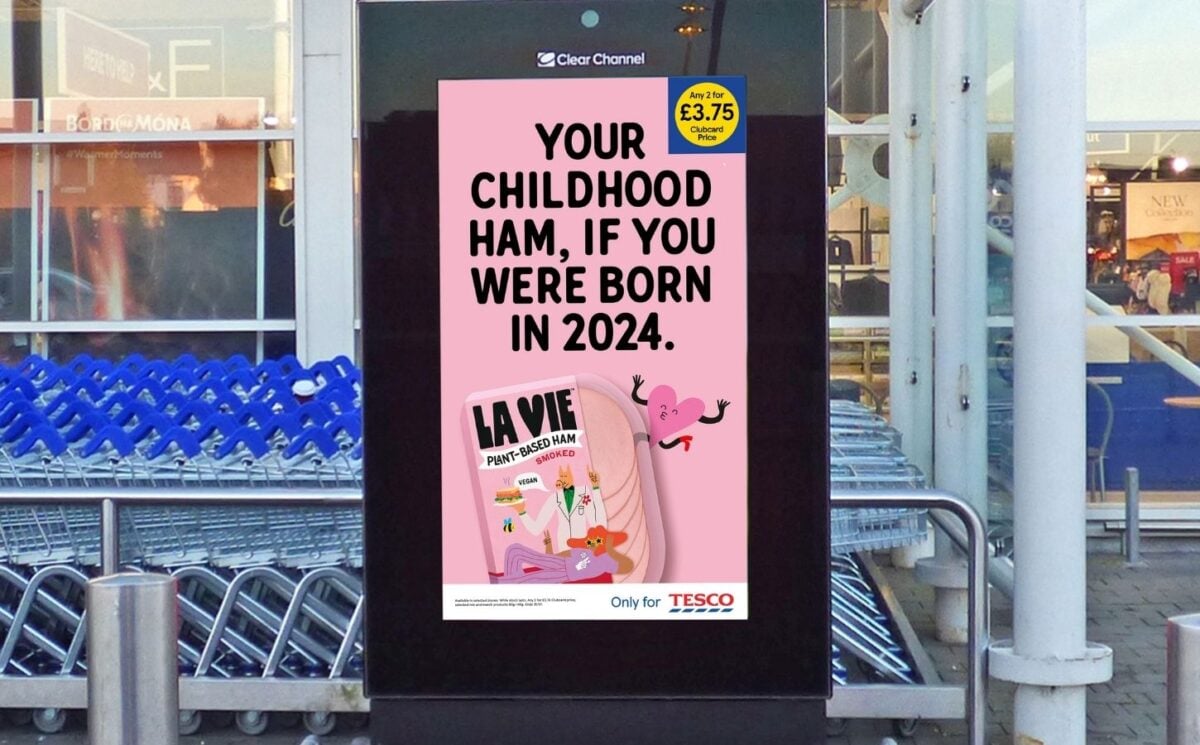 An outdoor advertisement depicting La Vie plant-based ham