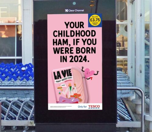 An outdoor advertisement depicting La Vie plant-based ham