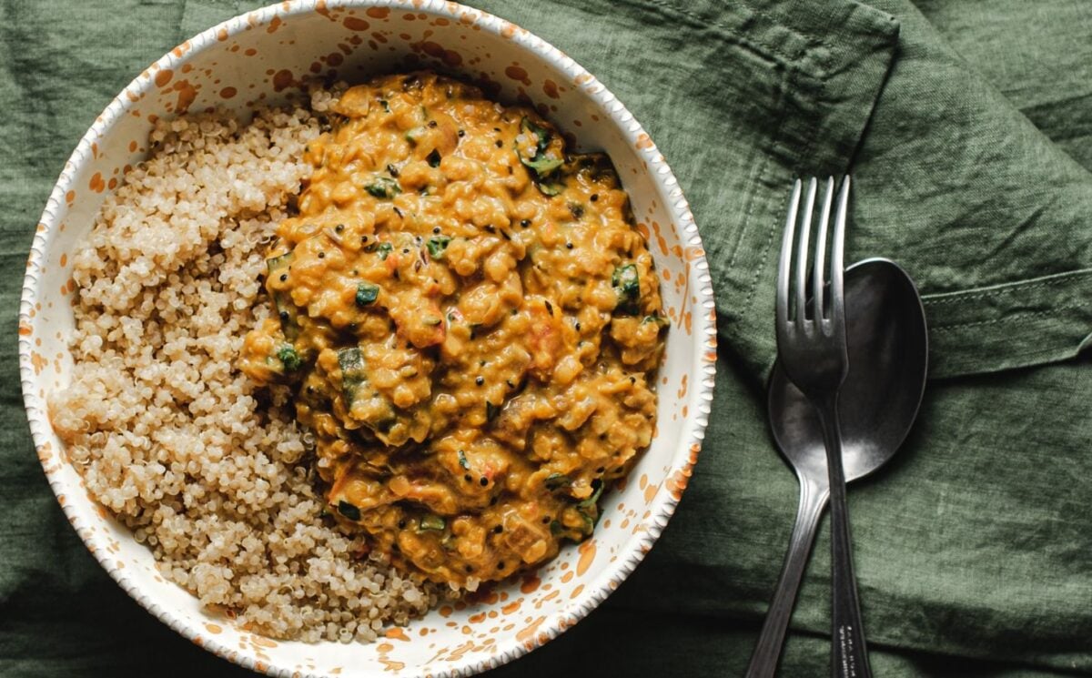 Photo shows a bowl of butternut squash dhal.