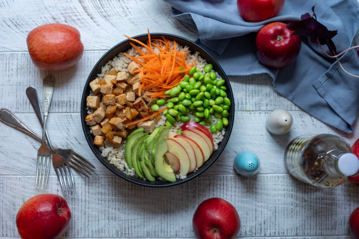A vegan tofu and edamame bowl