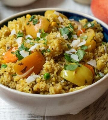 A vegan biryani made from apple and vegetables