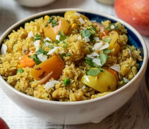 A vegan biryani made from apple and vegetables