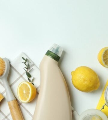 Photo shows a selection of unlabeled cleaning spray bottles and brushes along with lemons, a sprig of herbs, and a cup of baking soda - the components of homemade vegan cleaning products.