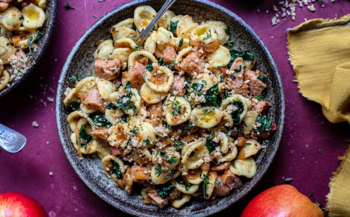 A vegan sausage and pasta dish, a vegan comfort food recipe