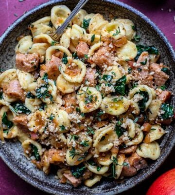 A vegan sausage and pasta dish, a vegan comfort food recipe