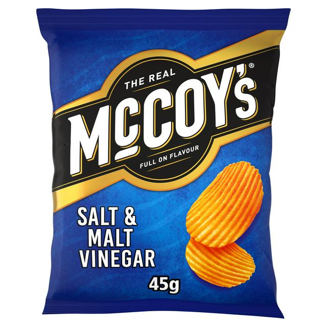 Photo shows a packet of McCoy's Salt & Malt Vinegar flavor crisps.