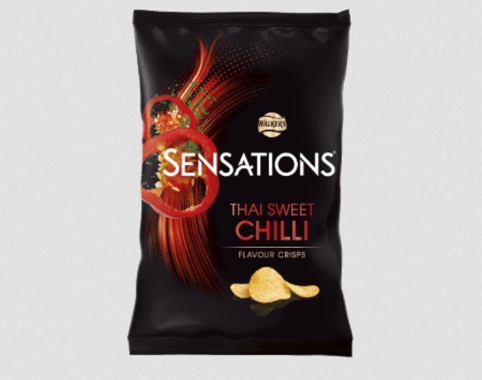 Image shows a packet of Walkers Sensations Thai Sweet Chili Crisps, which are vegan-friendly.