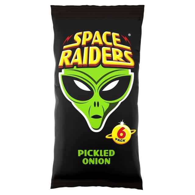 Image shows a multi-pack of Space Raiders Pickled Onion flavor.