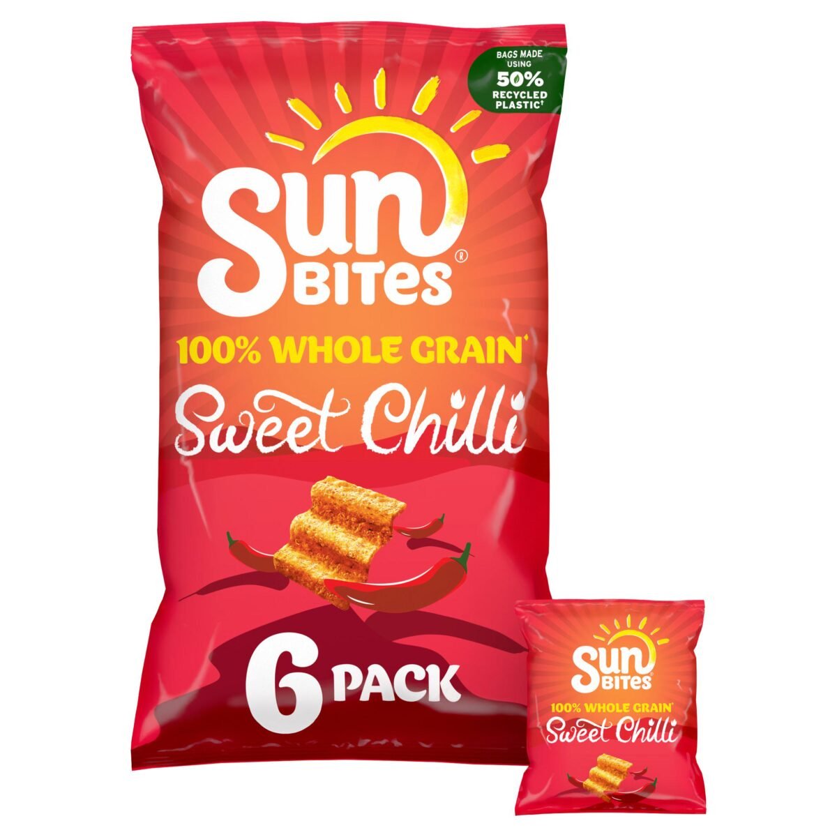 Image shows a multipack of Sun Bites Sweet Chili crisps, which are suitable for vegans.