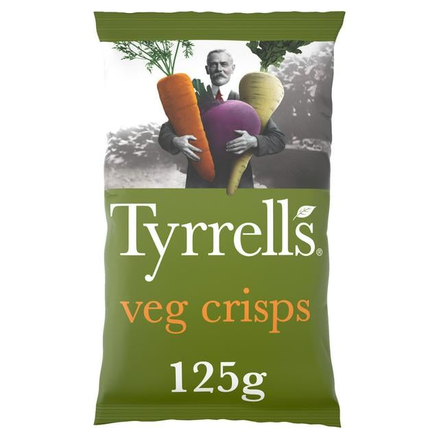 Image shows a packet of Tyrrells Veg Crisps, which are suitable for vegans.