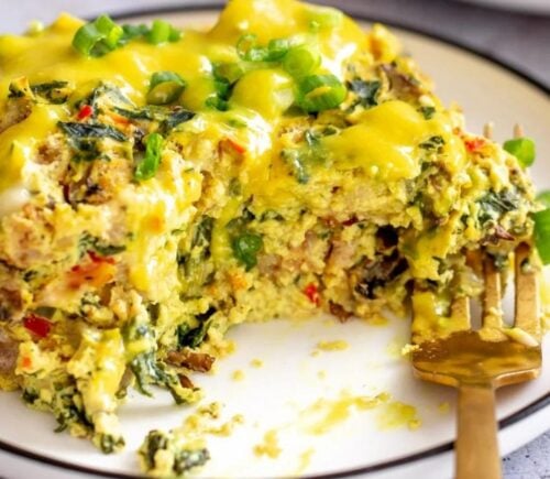 A vegan eggs benedict casserole made to an egg-free and plant-based recipe