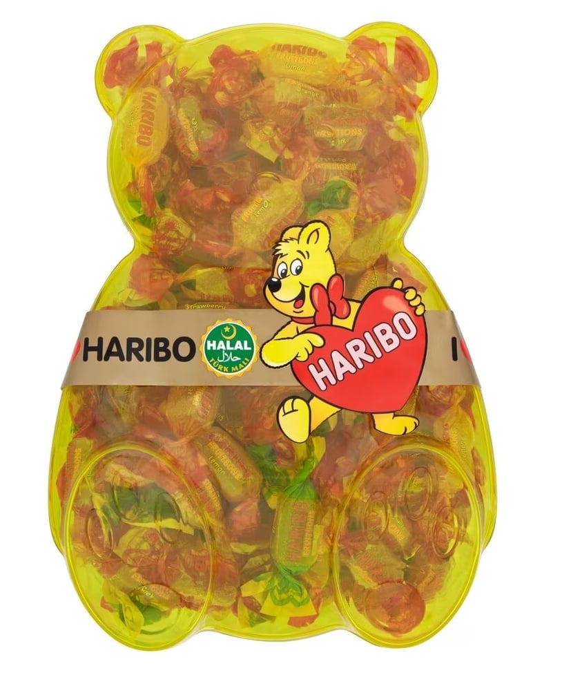 Photo shows a large bear-shaped container filled with vegan, Halal gummy bears.