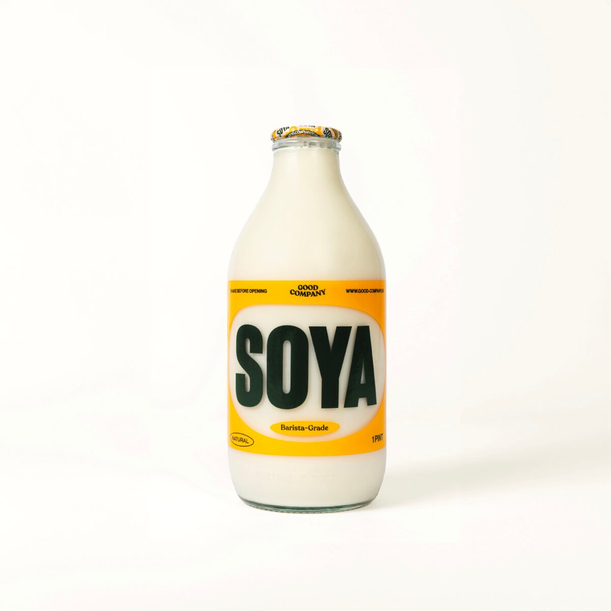 Soy milk in reusable glass bottle, available on UK milk round